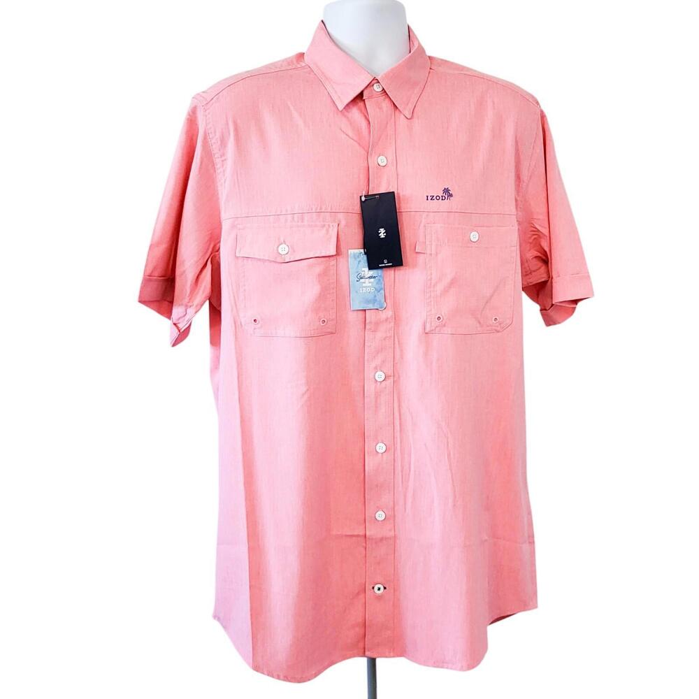 Izod Saltwater Button Up Shirt Size LT Short Sleeve Peach NEW Cotton Blend
